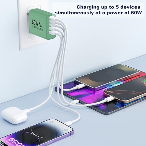 USB C Charger Block, 60W 5 in 1 Charging Blocks, PD 3.0 Fast Charger, QC 2A Green Wall Plug Multiport Type C Charging Block for iPhone 17 16 15 14 13 12 Pro Max, iPad, iPod, Samsung, AirPods Pro — view 6