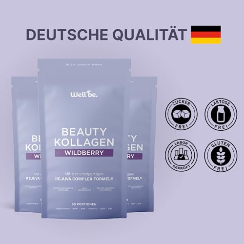 Wellbe Kollagen Pulver Wildberry - hochdosiert mit maximal bioaktivem Kollagen Hydrolysat, Biotin, Zink, Vitamin C & Hyaluron - Collagen Pulver - Kollagenpulver Peptide Made in Germany 6 x 250g 5