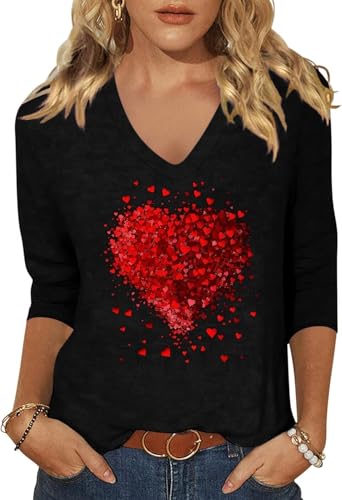 Image of Woffccrd Womens 3 /4 Sleeve V Neck T-Shirts Valentina's Day Spring Shirts Love Heart Printed Graphic Tees