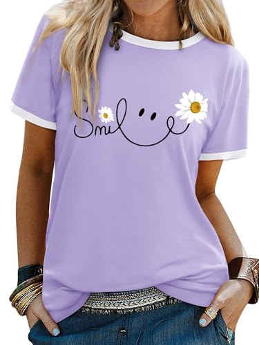 Yihelian Tshirts Women Crew Neck Top Ladies Daisy Print Short Sleeve Tee Shirt Summer Smile Letter Printed Shirts Purple