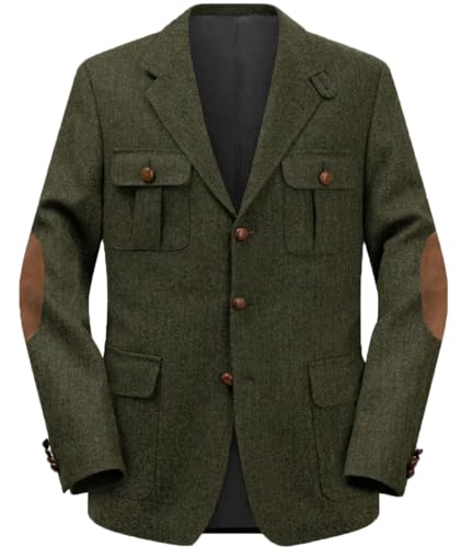 Men's Herringbone Tweed Jacket Elbow Path Blazers for Man Sport Coat for Wedding Prom