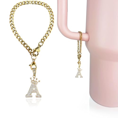 Letter Charm for Stanley Cup- Crown Letter Accessories for Stanley Handle 40 Oz Tumblers Gold Initial Keychain Water Bottle Cup with Diamond Glitter Jewelry Personalized Decorations A