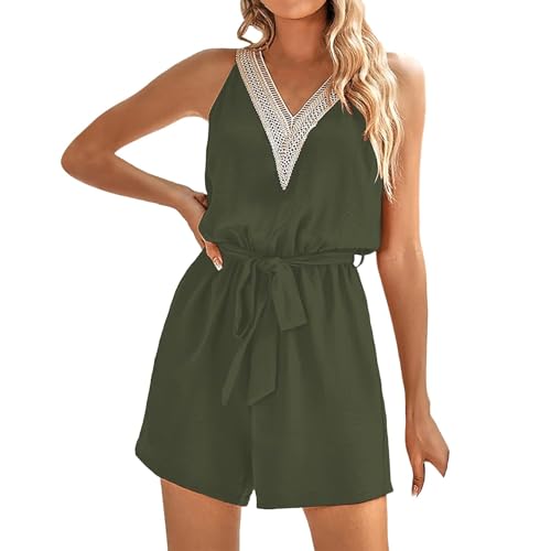 Summer Short Playsuits for Women, Sleeveless Tank Top V Neck Jumpsuit Rompers Soft Cotton Linen Short Dungarees for Women With Pockets, Green, m