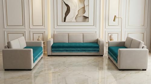 Image of KINGLY Sofa Cover for 1 Seater | Quilted Velvet Seat Cover | Anti-Slip Sofa Mat with Back Elastic | Thick Fabric Sofa Protector | Washable Couch Cover | Teal Blue
