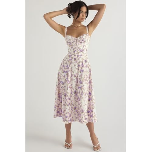 Image of Floral Corset Midi Dress Square Neck A Line Dress with Slit | Square neck floral midi dress with front tie bust wide straps A-line skirt side slit and lightweight fabric