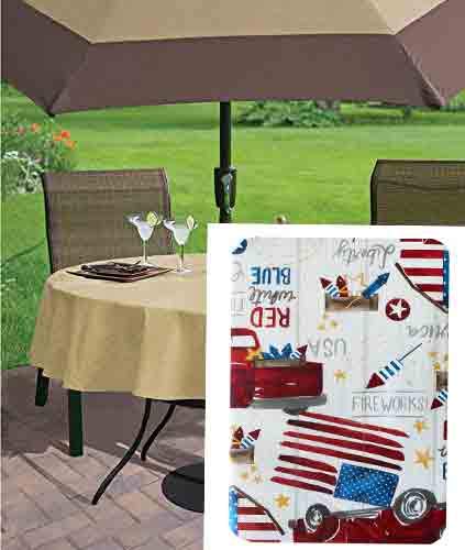 Newbridge Patriotic Truck Red, White and Blue Vinyl Flannel Backed Tablecloth, American Celebration Flags and Fireworks Theme Waterproof Patio Tablecloth, 70 Inch Zippered Umbrella Round