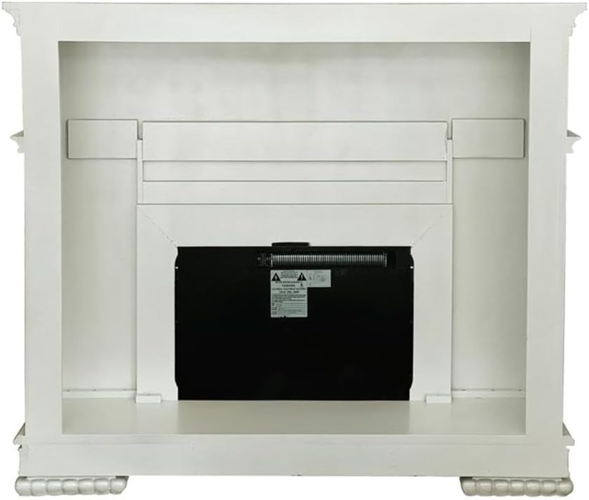 ACME Furniture Vendome 59" x 16" Traditional Wood LED Electric Fireplace with Raised Scrolled Trim, Adjustable Temperature Timer, in Antique Pearl Finish