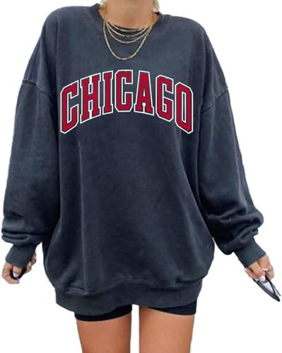 Langwyqu Women's Oversized Sweatshirt CHICAGO Crewneck Long Sleeve Casual Loose Pullover Tops