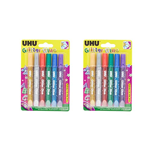 UHU 39040 Glitter Glue (6 Tuben, 10 ml) farblich Sortiert (Glitter Glue - Original | 2 Packungen)