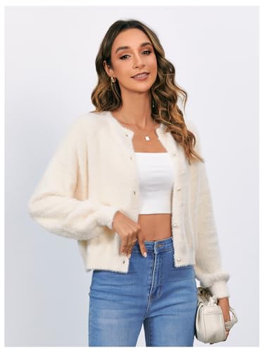 Verdusa Women's Fuzzy Cardigan Sweaters Furry Long Sleeve Trendy Tops Pearl Up Shirts3