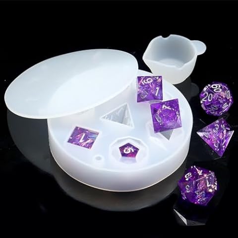 PJOY Resin Dice Molds, Food-Grade Silicone Molds for 7Pcs Sharp Edge Dice Set, DND Silicone Dice Mold for DIY Dice Making DND Gifts Cover