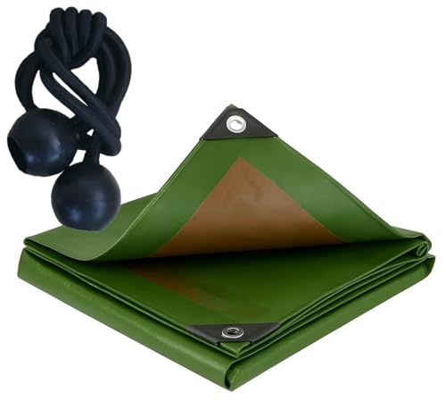 Heavy-Duty Waterproof Tarp Cover, Green, Brown, L-Grade PVC, with 10 Black Bungee Ball Cords, for Outdoor Protection, Trailer, Car, Furniture (6m x 6m)