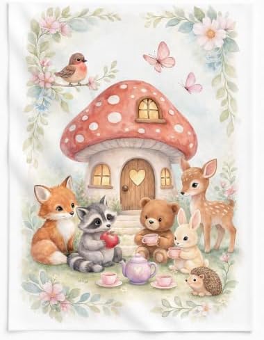 Woodland Tea Party Fabric Panel, Forest Animals Nursery Quilt Panel, Cotton Sateen (19x25 inches)