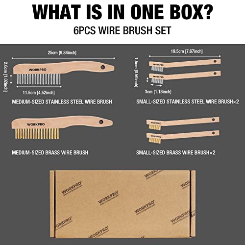 Workpro Wire Brush Set, 6 Pcs Brass/Stainless Steel Wire Scratch Brush Set, Small Large Size With Beechwood Handle For Cleaning Rust, Paint And Welding Slag #TOP6