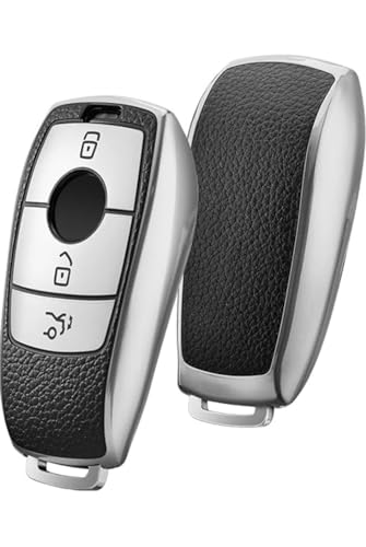KEYSCOVER Custodia per chiave auto per Mercedes-Benz – Cover adatta per modelli E, S, A, CLA, GLA, GLE, GLC, GLK e AMG, design sottile e facile installazione (pelle grigia)