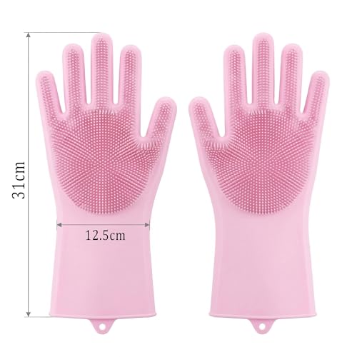 Image of Kitchen Dishwashing Gloves for Washing Dishes - Reusable Rubber /Silicone Cleaning Gloves for Kitchen, Bathroom & Car Cleaning - Waterproof Household Hand Gloves for Women, Home Essentials (pink)