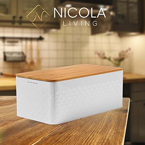 White Bread Box For Kitchen Countertop - Bread Box With Bamboo Wood Cutting Board Lid - Farmhouse White Bread Boxes - Metal Large Bread Box Modern Style To Extend Freshness - Bread Storage Container #TOP1