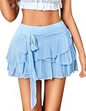 Avidlove Women's Mini Skirt Mesh Flowy Hem Y2K Skirts Multi-Layer Ruffle Trim Lingerie Skirt Light Blue M