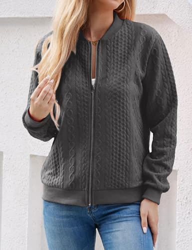 Image of WROLEM Women's Zip Up Cardigan Sweater Cable Hoodies Long Sleeve Jacket Outfits Crewneck Casual Coat