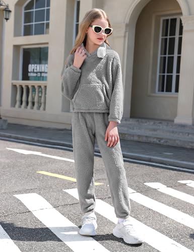 Image of Shallmu Girls Fuzzy Bear Ear Plaid Hoodie Pullover Sweatshirt with Pocket Sweatpants Fall Winter 2 Piece Outfits