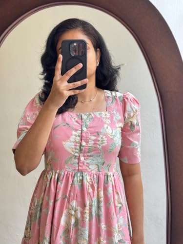 Image of Avayayat Women's /Girls Cotton Kurta for Women Floral Printed Anarkali Kurta || Floral Flared Western Dress Pink (in, Alpha, L, Pink)