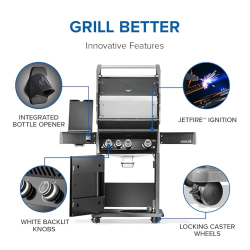 Image of Napoleon Rogue PRO 425 Propane Gas Grill with Infrared Side Burner, Black, Durable 4-Burner Backyard Grill