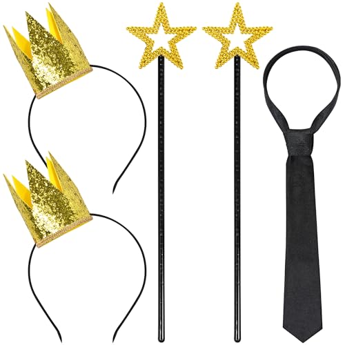 Itscolofy Gold Star Wand and Crown & Tie, Gold Crowns Hats Angel Princess Fairy Costume for Wedding Party Cosplay Couples Halloween Dress Up Accessories