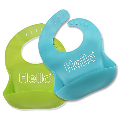 Silicone Baby Bibs Set of 2 Adjustable Easy Wipe Clean Soft Baby Feeding Bib(Green and Blue/Hello)