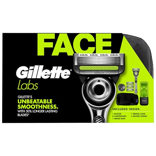 GilletteLabs Men's Shaving Razor, 1 Handle, 4 Blade Refills, Magnetic Stand, Travel Case and Bag for storage on the go