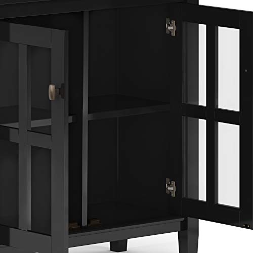 Simplihome Warm Shaker Solid Wood 32 Inch Wide Transitional Low Storage Cabinet In Black, With 2 Adjustable Shelves, Tempered Glass Door #TOP6