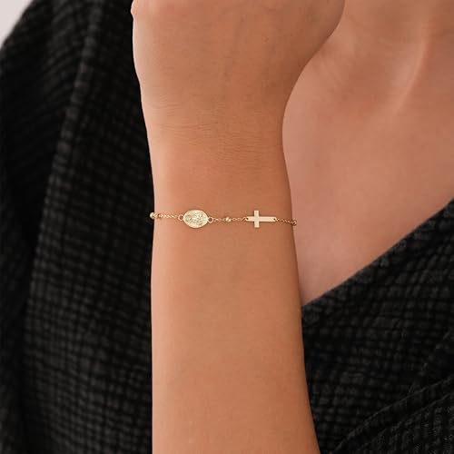 Image of MIONZA Catholic Medal Cross Bracelet for Women | 14K Gold Plated or Solid Gold, Religious Rosary Jewelry, Choose Your Saint Medal Bracelet