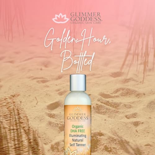 Image of Glimmer Goddess Organic DHA-Free Natural Self Tanner (DARK), Sunless Tanning Lotion, Streak-Free, Sensitive Skin, Non-Toxic, Cruelty-Free, 3-5 Day Development, Unscented 8 oz.