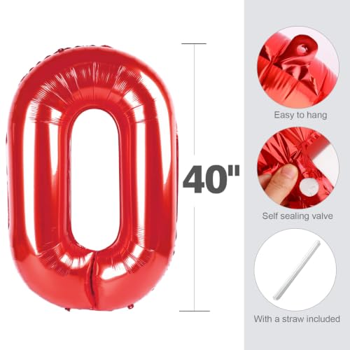 Image of 4 Balloon 40 inch Red Number Balloons for 4th Birthday Party Decorations | Saturated Color, Large 40 in, With Straw & Hanging Hole, For Back-to-School Season, Wedding, Christmas, New Year, Anniversary