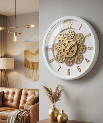 Image of Moving Gear Wall Clock, Round, Gold and Rose Gold Finish, Options (NEW White, Set of 1 Clock)