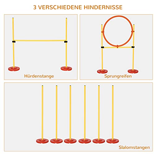 PawHut Agility Set Hunde 3-teiliges Agility-Ausrüstung für Hundetraining Steckhürdenset mit 6 Slalomstangen höhenverstellbar Hürden Sprungreifen Tragetasche Agilityset für Spiele Training