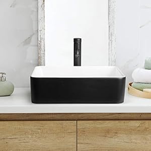 Rectangular bathroom sink 16 x 12 above counter porcelain ceramic vessel sink with faucet and pop up drain combo white and black  urban country home decor