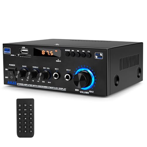 Bluetooth Amplifier AK55-2 Channel Speaker Amplifier Car Amp HiFi for Speakers FM Radio, Karaoke, w/USB/2 MIC/SD/MMC/FM Inputs & Remote Control, for Home Theater & Bookshelf Speakers (AK45)