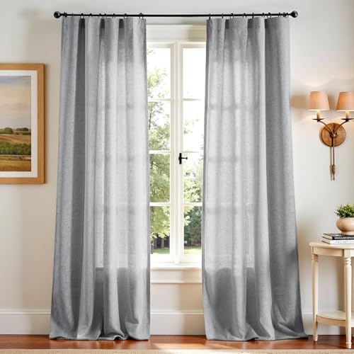 Image of jinchan Linen Curtains Light Filtering Back Tab 50x96 Inch 2 Panels Grey