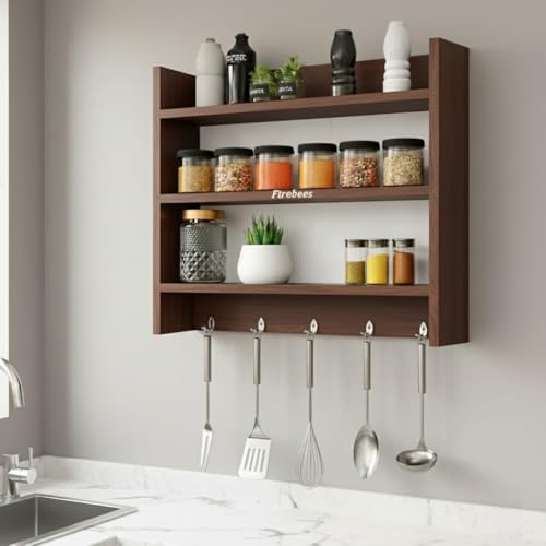 Image of FireBees Wooden Kitchen Rack Wall Mounted | Kitchen Wall Storage Shelf | Wall Mounted Kitchen Organizer Rack Wooden with Hooks | Kitchen Shelf Storage Rack for Spices, Containers & Utensils