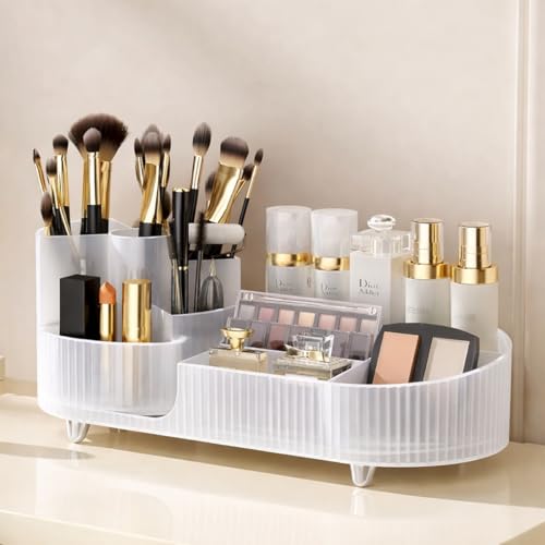 Image of ALOXE Makeup Organisers | 360 Rotating Brush Holder & Elegant Organizer Storage Box for Dressing Table, Skincare, Cosmetics & Accessories (Transparent)
