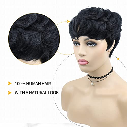 VCK Short Layered Human Hair Wigs - Black Women's Pixie Cut with Bangs, Glueless Brazilian Virgin Full Machine Made Wig