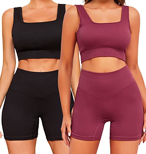 FINETOO-Workout-Sets-for-Women-4-Pieces-Ribbed-Crop-Tank-Shorts-Active-Gym-Exercise-High-Waisted-Sports-Yoga-Outfit-S-L FINETOO-Workout-Sets-for-Women-4-Pieces-Ribbed-Crop-Tank-Shorts-Active-Gym-Exercise-High-Waisted-Sports-Yoga-Outfit-S-L