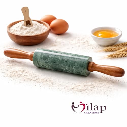 Image of Marble Belan Rolling Pin with Wooden Handles, Kitchen Baking Cooking Tool, Durable Design, Non-Porous Surface Ideal for Chapati, Roti, Pizza and Dough Roller(Green, 14 Inch)
