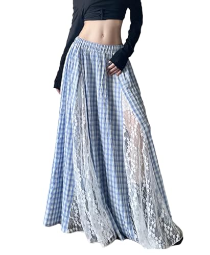Women's Summer Plaid Maxi Skirt Lace Flowy Skirt Elastic Waist Pleated Long Skirts