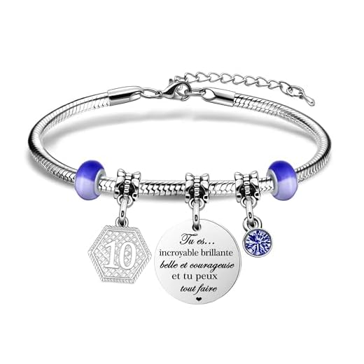 Aosyoisk Cadeau d'anniversaire pour les femmes chiffres arabes pendentif et inspiration inscription fille bracelet, acier inoxydable réglable serpent chaîne argent bijoux cadeau (10 Ans)