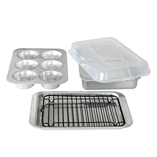 Nordic Ware Naturals 5 Piece Compact Pan Set, Toaster Oven, Counter Ovens, Air Fryer and Broiler Safe, Size for 1-2 Portions - Includes Rectangular Pan, Muffin Pan, Baking Sheet, Broiling Rack and Lid