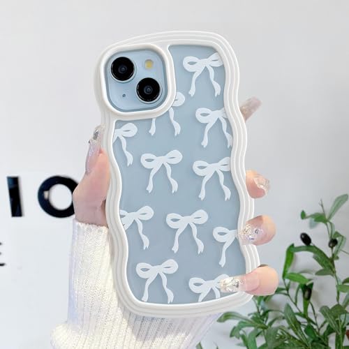 Coque iPhone 13/14 transparente avec nœud ruban blanc et vague bouclée