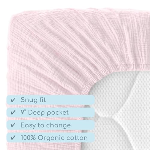 Image of Muslin Crib Sheets, 100% Organic Cotton, Breathable and Ultra-Soft, Standard Crib Sheet Mattress (28 inchx 52 inch) for Girls and Boys, Neutral Fitted Baby Crib Sheet (Light Pink)