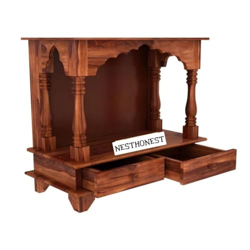 Image of Wall Mounted Solid Sheesham Wood Puja Mandir for Home Solid Wooden Temple for Puja Room with 2 Drawer Storage Pooja Ghar Wooden Furniture for Pooja Room Sheesham Wood, Honey Finish (Honey, 2 Drawers)