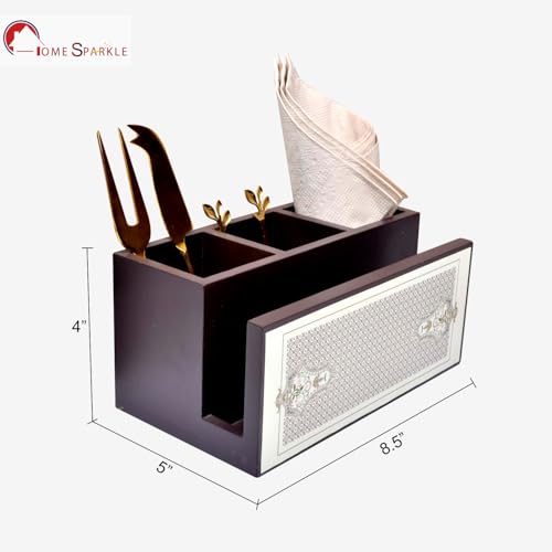 Image of Home Sparkle Engineered Wood Cutlery Holder with Napkin Rack - Multipurpose Spoon Stand & Kitchen Organizer Rack for Dining Table, Restaurant & Countertop - Brown Finish (B13V8)